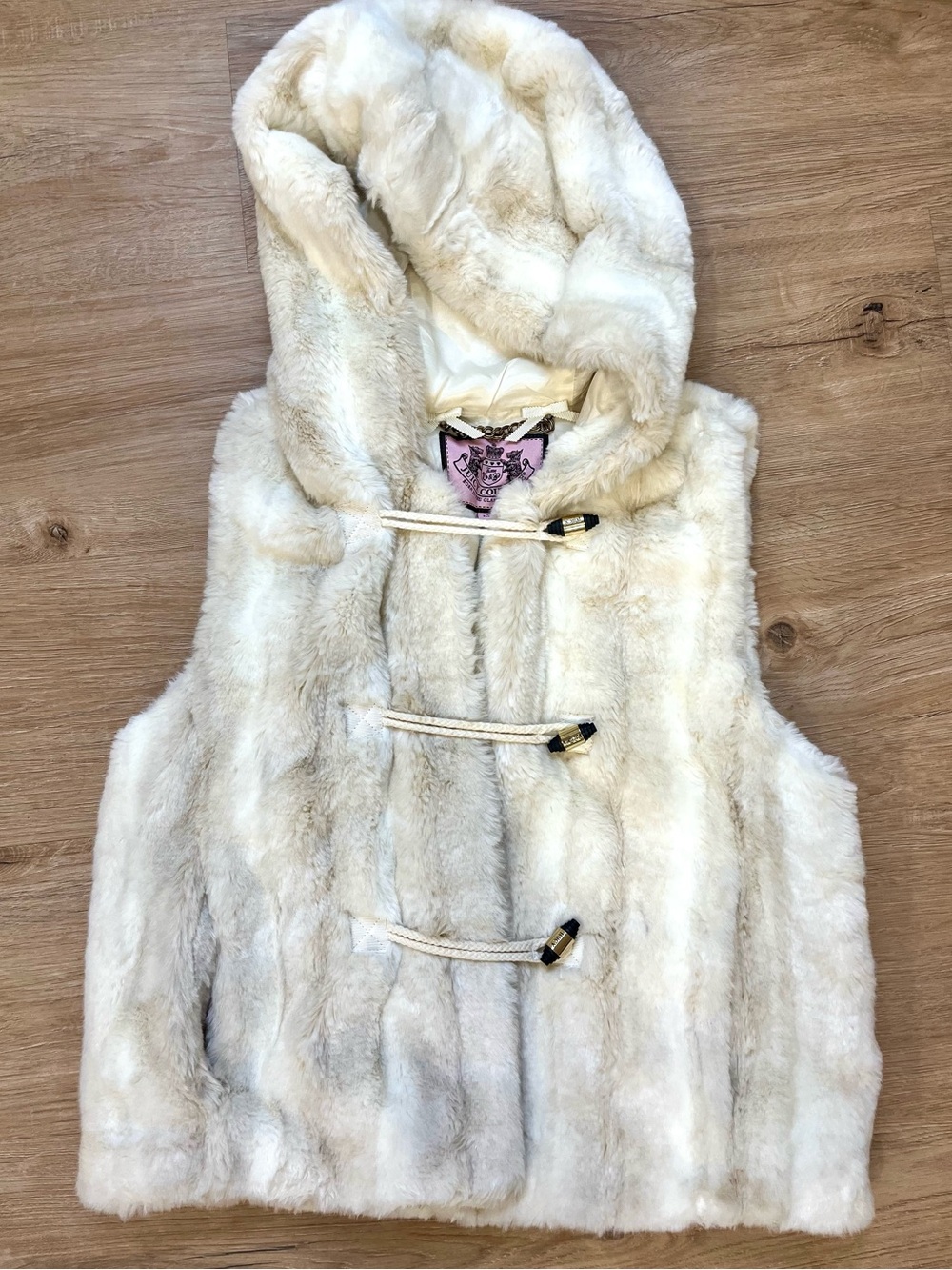 Y2K Juicy Couture cream faux fur vest with hood, size M.